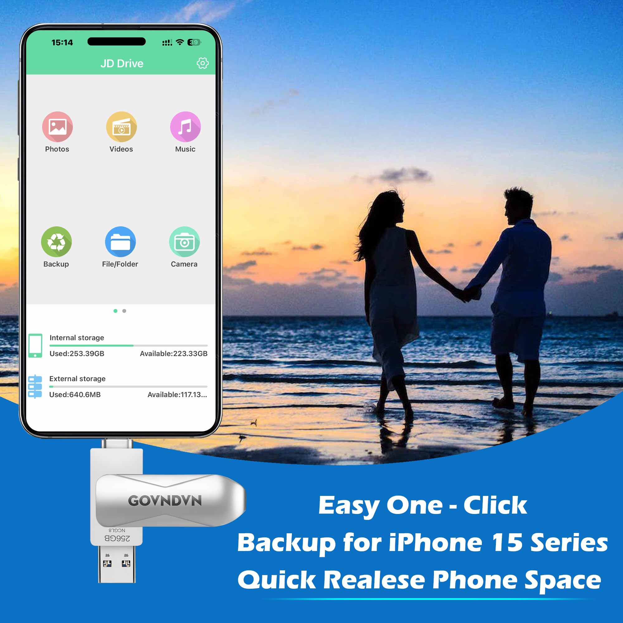 GOVNDVN 256GB Photo Stick for iPhone 15, iPad, Android, MacBook - USB C & USB 3.0 - Silver Photo Storage & Backup Flash Drive